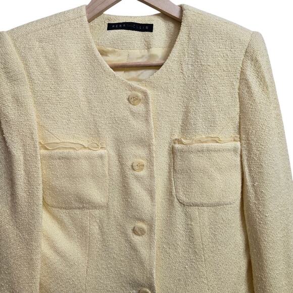 Vintage Y2K Perry Ellis Tweed Blazer 8 Yellow Old Money Prep Workwear Jacket - Picture 4 of 10